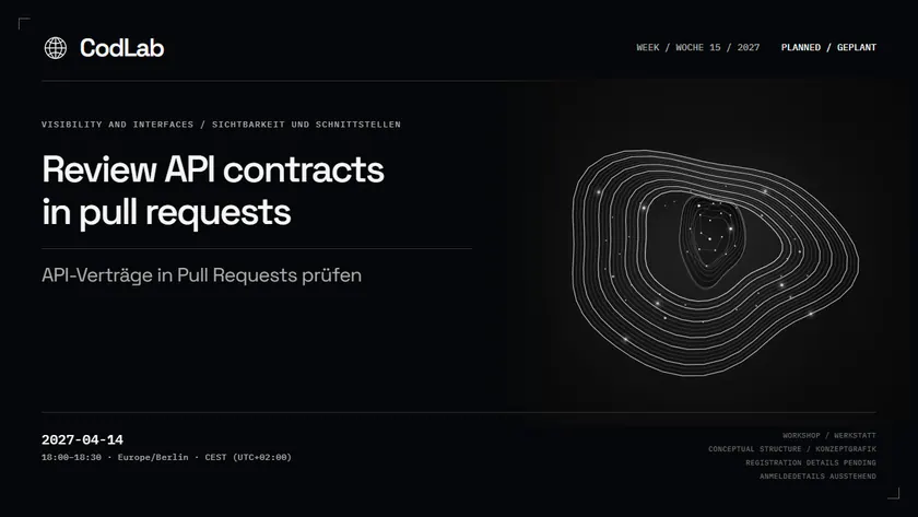 CodLab workshop cover: Review API contracts in pull requests, 2027-04-14
