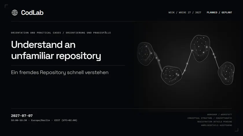 CodLab workshop cover: Understand an unfamiliar repository, 2027-07-07