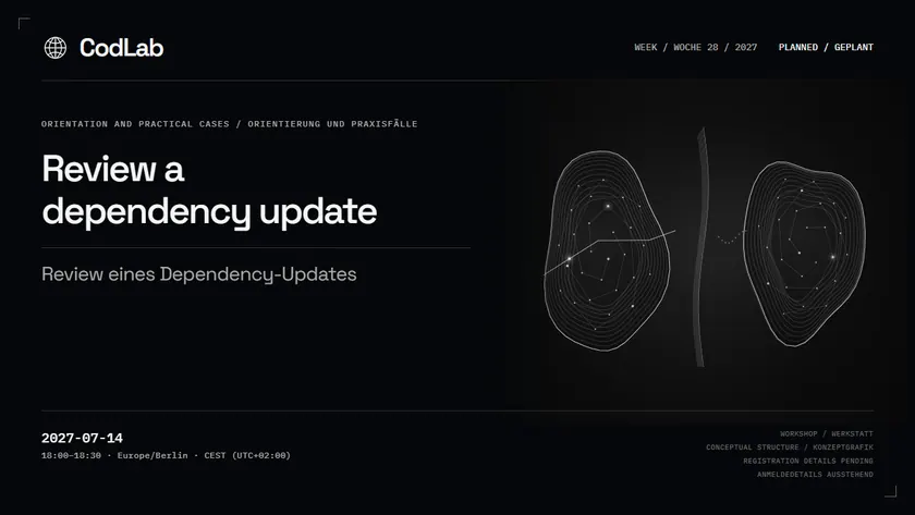 CodLab workshop cover: Review a dependency update, 2027-07-14