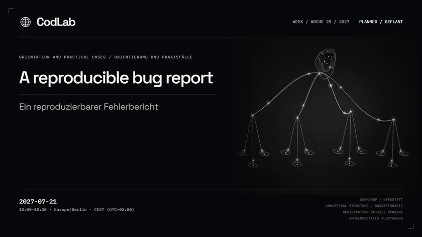 CodLab workshop cover: A reproducible bug report, 2027-07-21