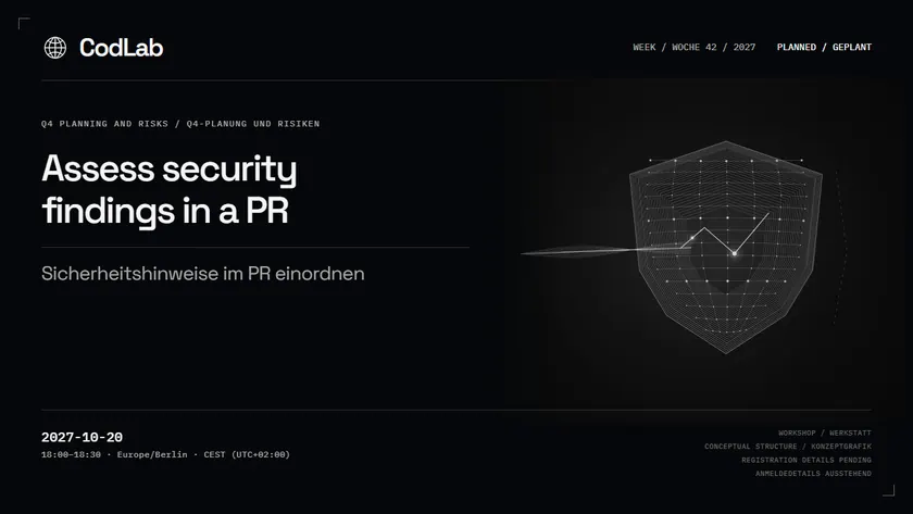 CodLab workshop cover: Assess security findings in a PR, 2027-10-20