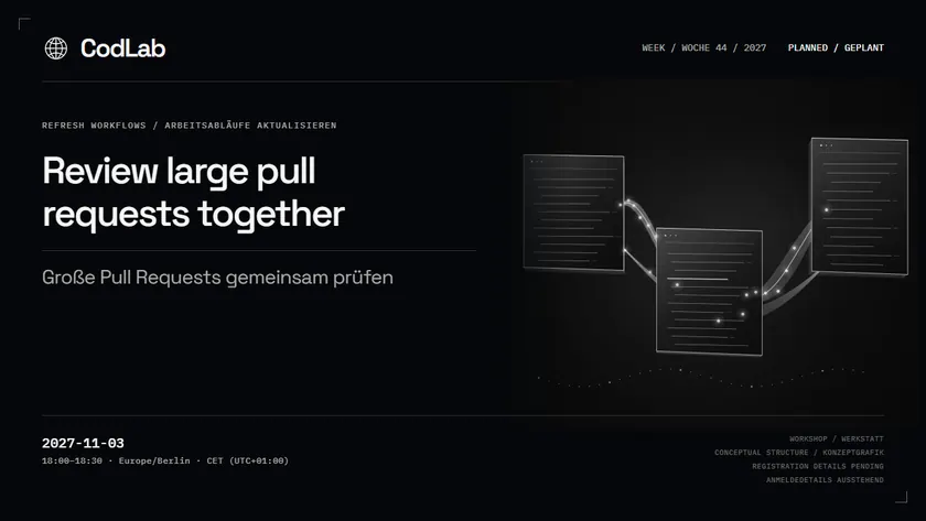 CodLab workshop cover: Review large pull requests together, 2027-11-03