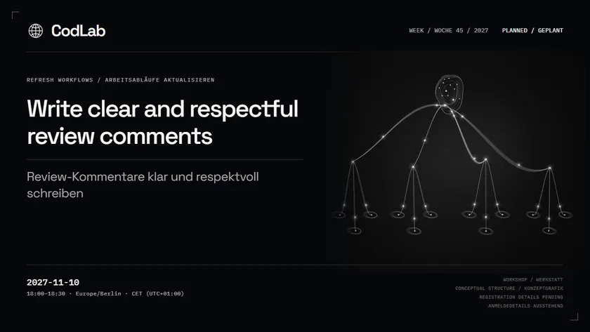 CodLab workshop cover: Write clear and respectful review comments, 2027-11-10