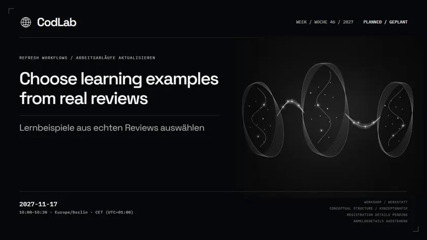 CodLab workshop cover: Choose learning examples from real reviews, 2027-11-17